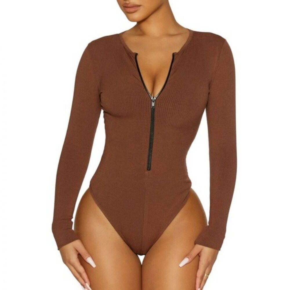 Unworn Naked Wardrobe ZIP ME UP SNATCHED BODYSUIT Brown Small